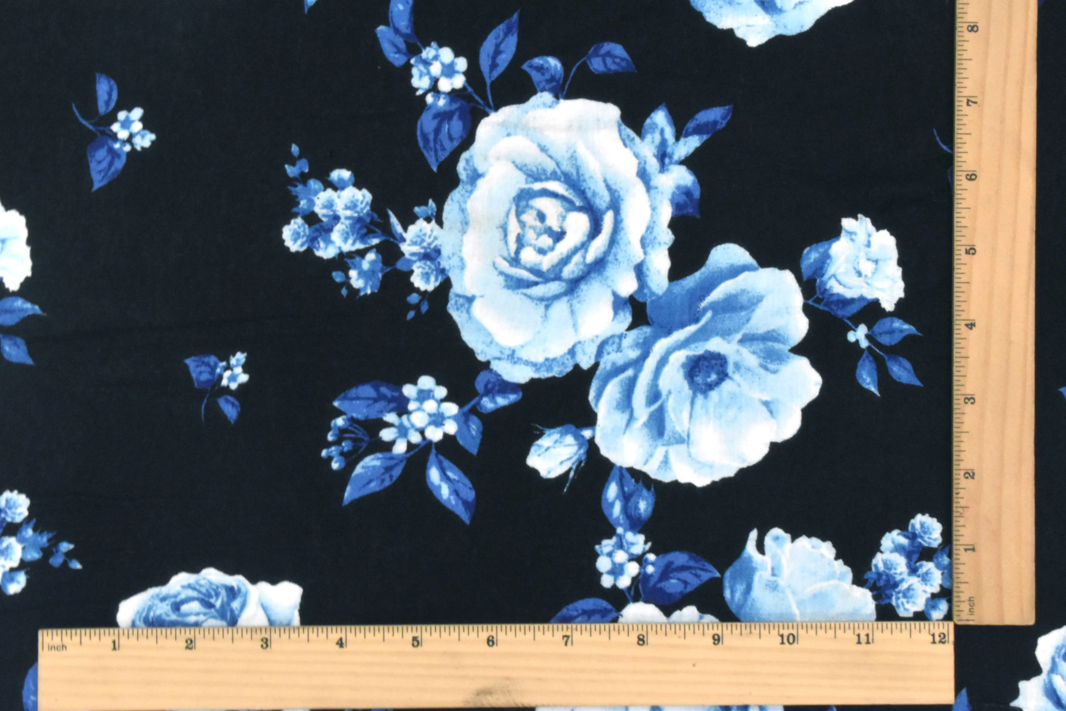 Bell Blue-Black-Multi Floral Printed Rayon Stretch Jersey Knit Fabric