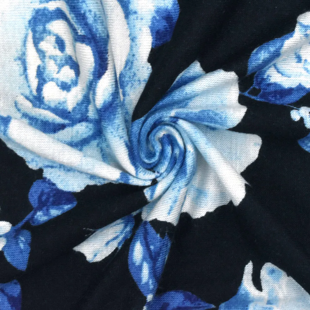 Bell Blue-Black-Multi Floral Printed Rayon Stretch Jersey Knit Fabric