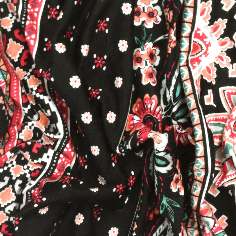 Black-Coral-Multi Mix Stripe Floral Print Rayon Stretch Jersey Knit Fabric