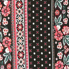 Black-Coral-Multi Mix Stripe Floral Print Rayon Stretch Jersey Knit Fabric