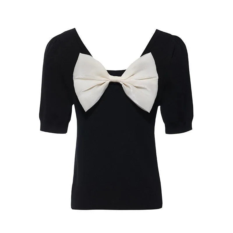 Black Knitted Tops With Bow