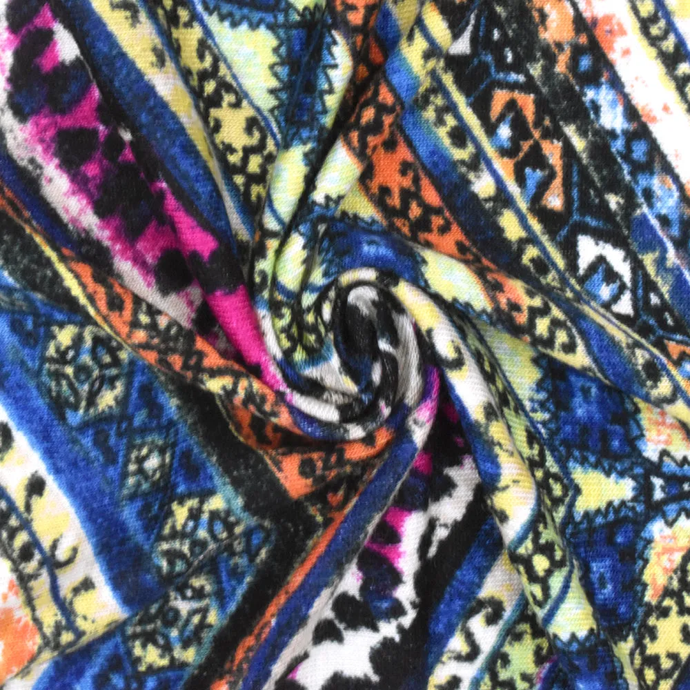 Blue-Multi Mixed Pattern Chevron Printed Rayon Stretch Jersey Knit Fabric