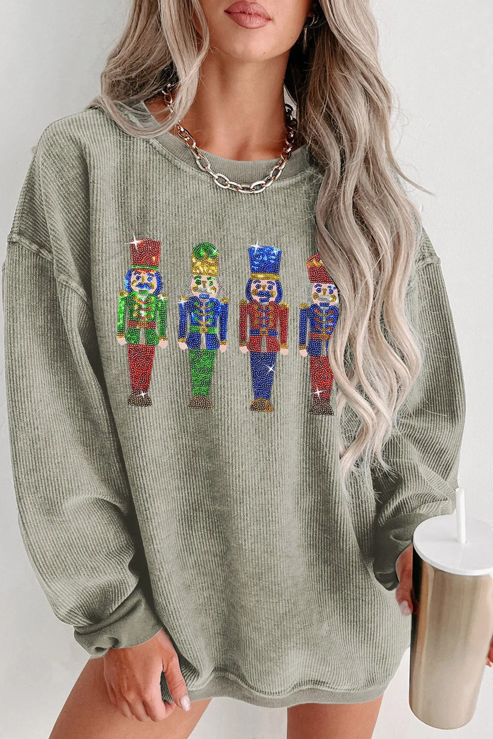 Christmas Sweater for Women Sequined Nutcracker Doll Corded Baggy Sweatshirt