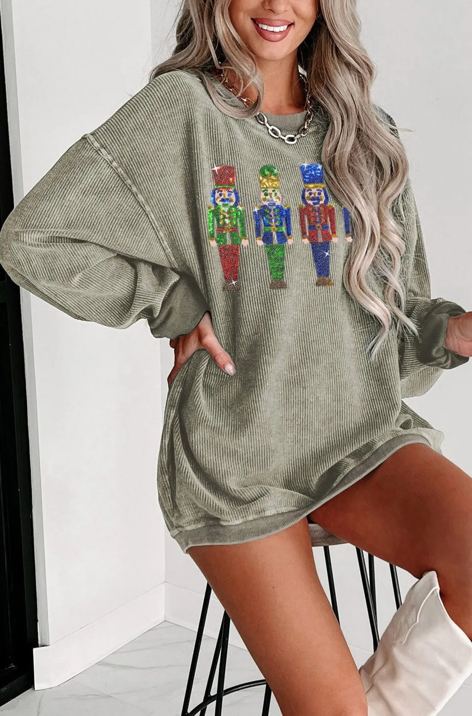 Christmas Sweater for Women Sequined Nutcracker Doll Corded Baggy Sweatshirt