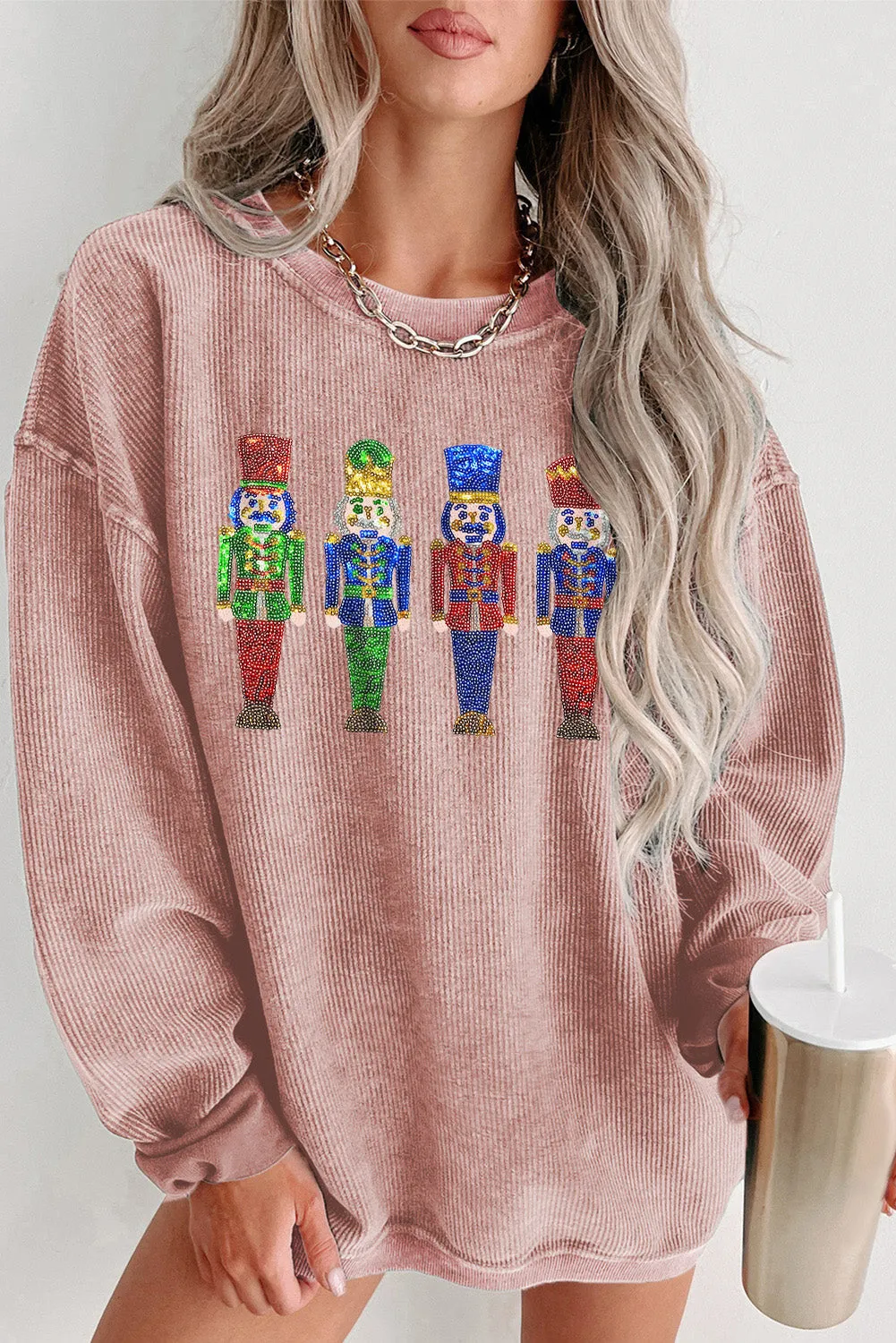 Christmas Sweater for Women Sequined Nutcracker Doll Corded Baggy Sweatshirt