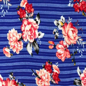 Classic Blue-Red-Multi Floral Stripe Print Rayon Stretch Jersey Knit Fabric