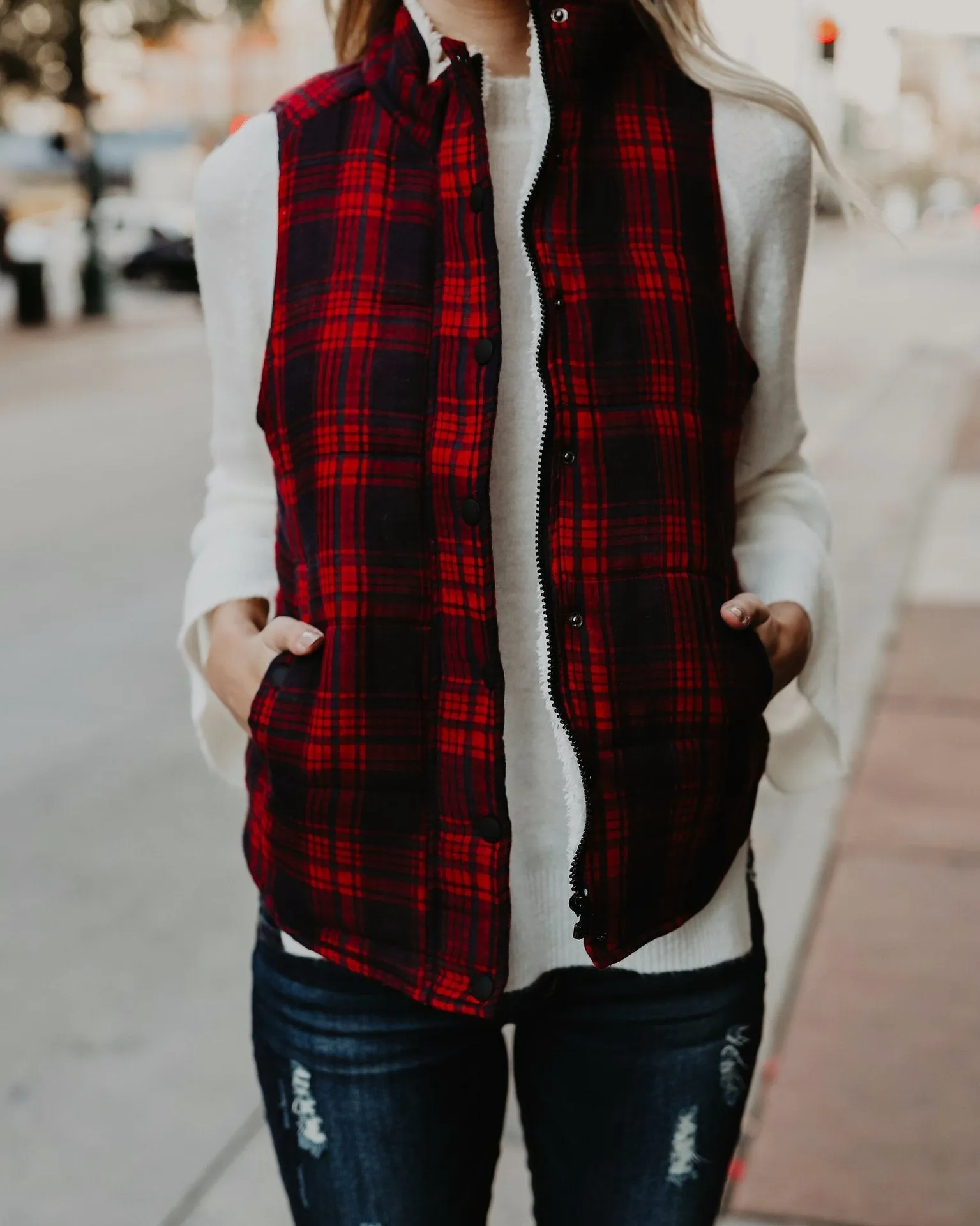 Classic Check Sleeveless Standing Collar Outwear