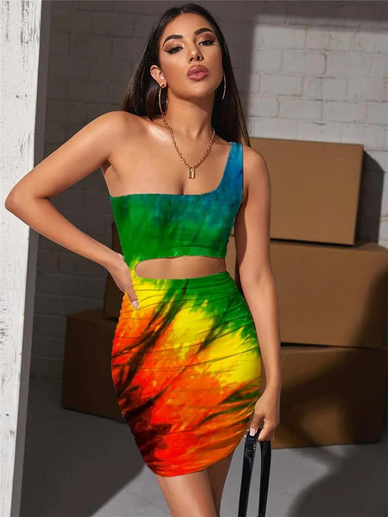 Colorful Dress Women Dizziness Bodycon Dress Tie Dye Hollow out Dresses Harajuku Halter Sleeveless