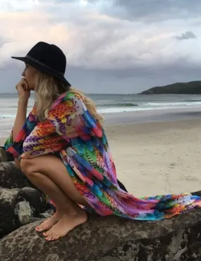 Colorful Feather Beach Long Kimono Swim Cover Up