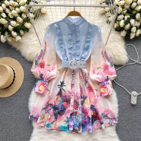 Colorful Floral Ruffle Shirt Dress