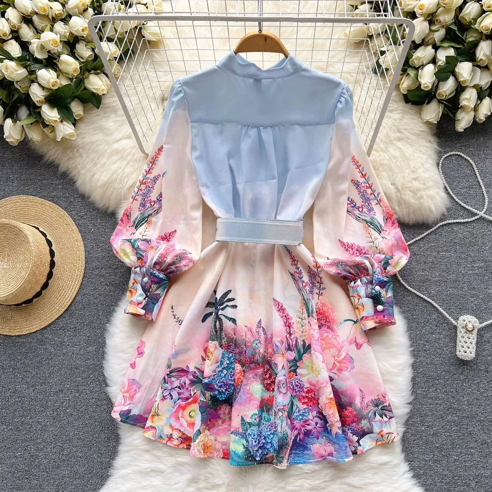 Colorful Floral Ruffle Shirt Dress