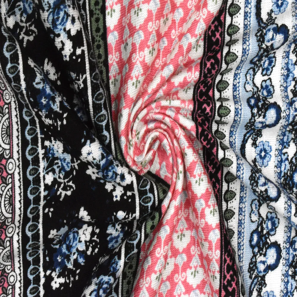 Deep Blue-Pink-Multi Striped Floral Print Rayon Stretch Jersey Knit Fabric