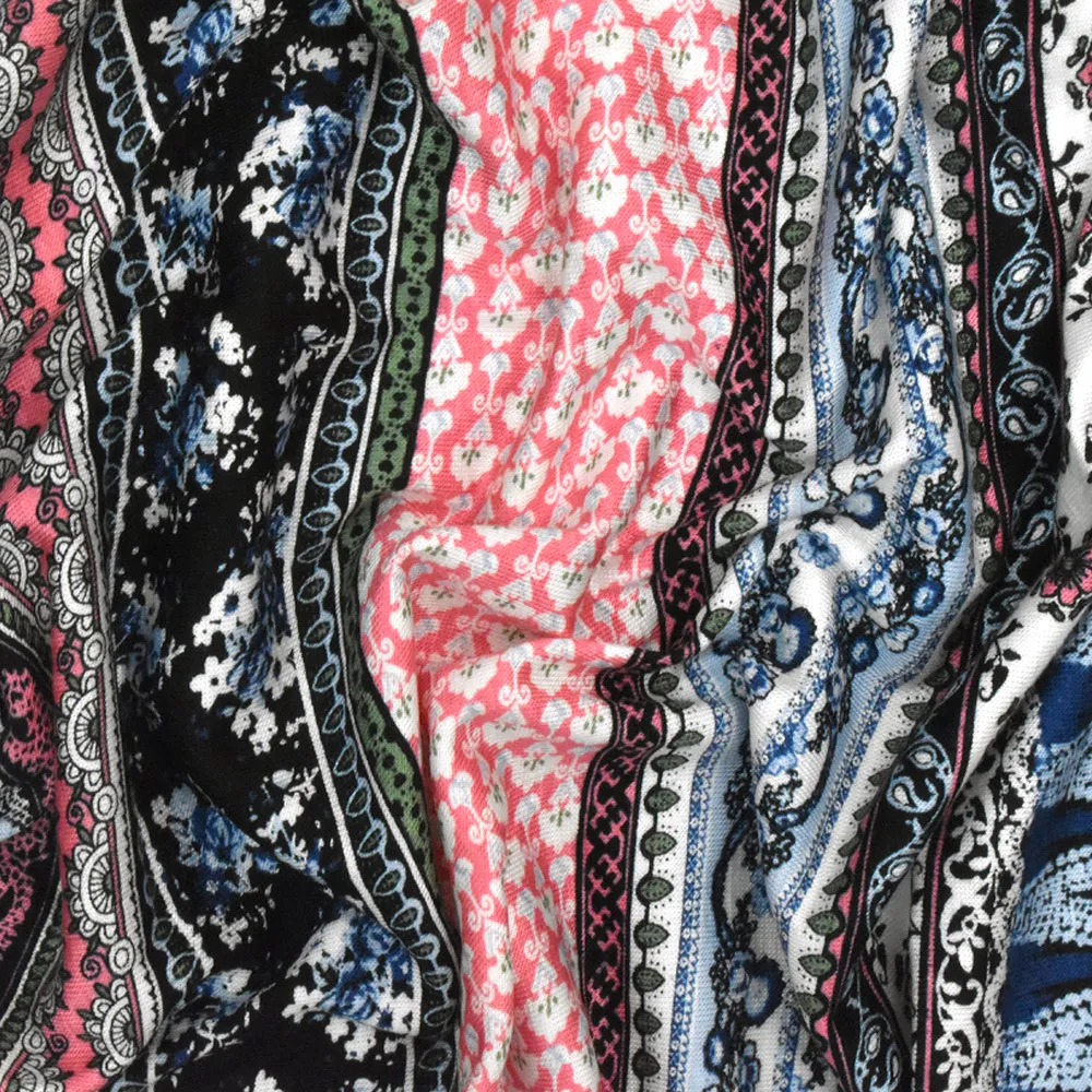 Deep Blue-Pink-Multi Striped Floral Print Rayon Stretch Jersey Knit Fabric