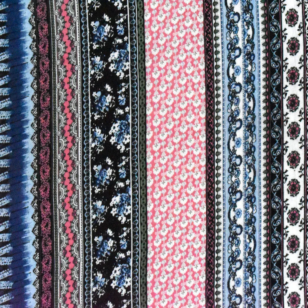 Deep Blue-Pink-Multi Striped Floral Print Rayon Stretch Jersey Knit Fabric