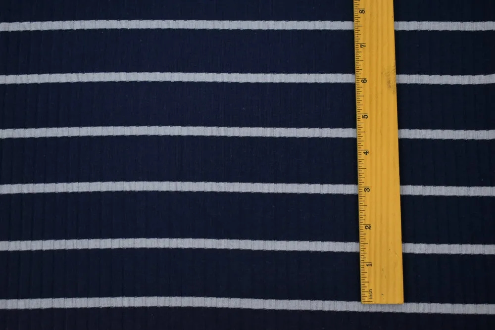 Deep Navy-White Cotton-Poly Stretch Spandex Stripe Rib Knit Fabric