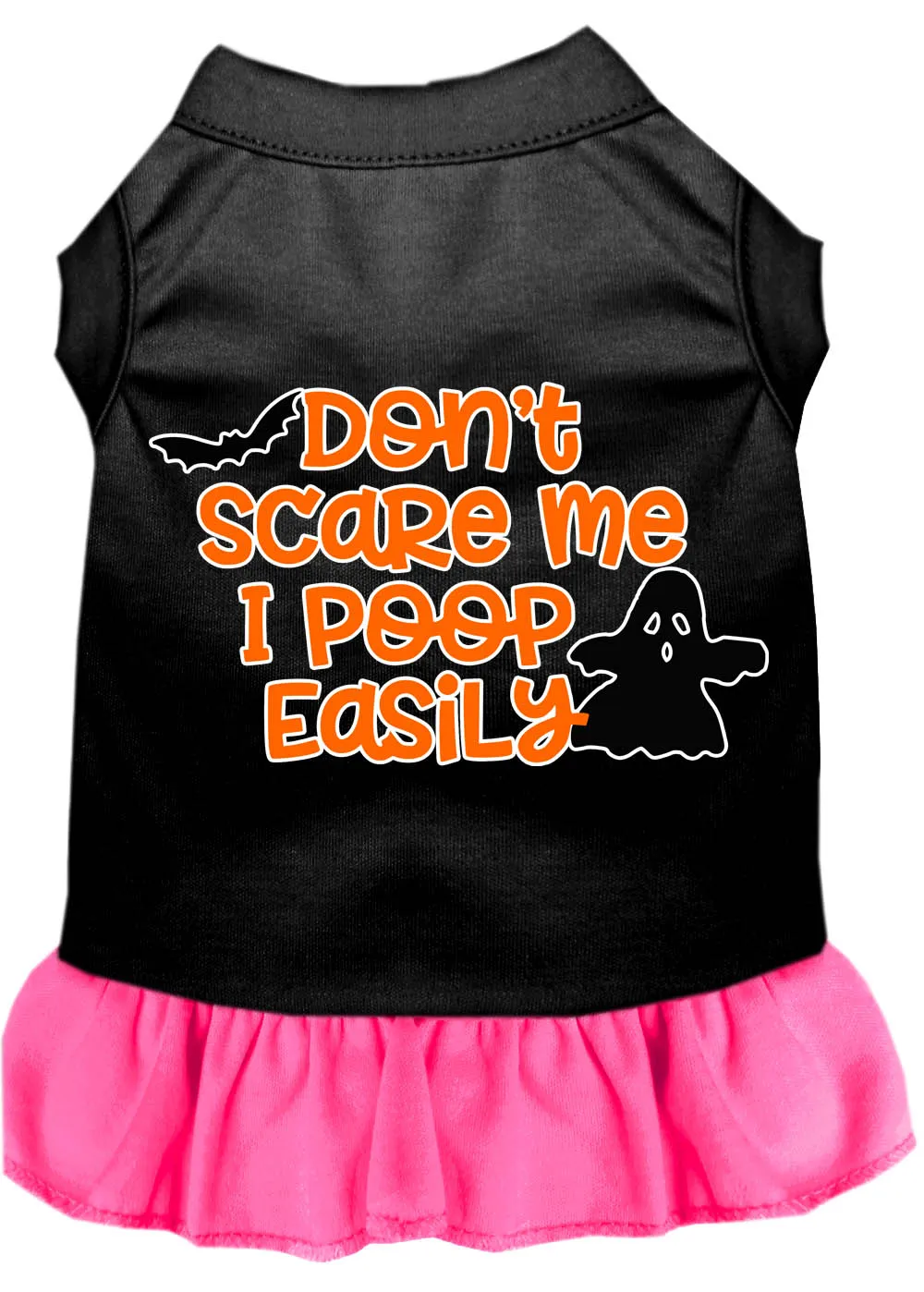 Don't Scare Me, Poops Easily Screen Print Dog Dress Black With Bright Pink Med