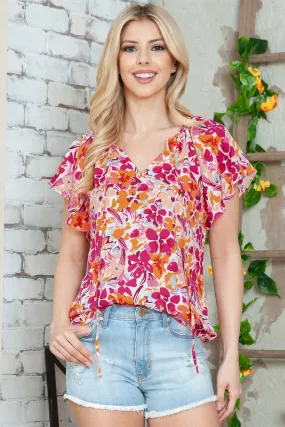 Floral Tie Neck Flutter Sleeve Blouse