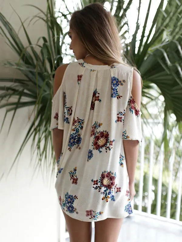 Flower Print Cold Shoulder Tops T Shirt Blouse