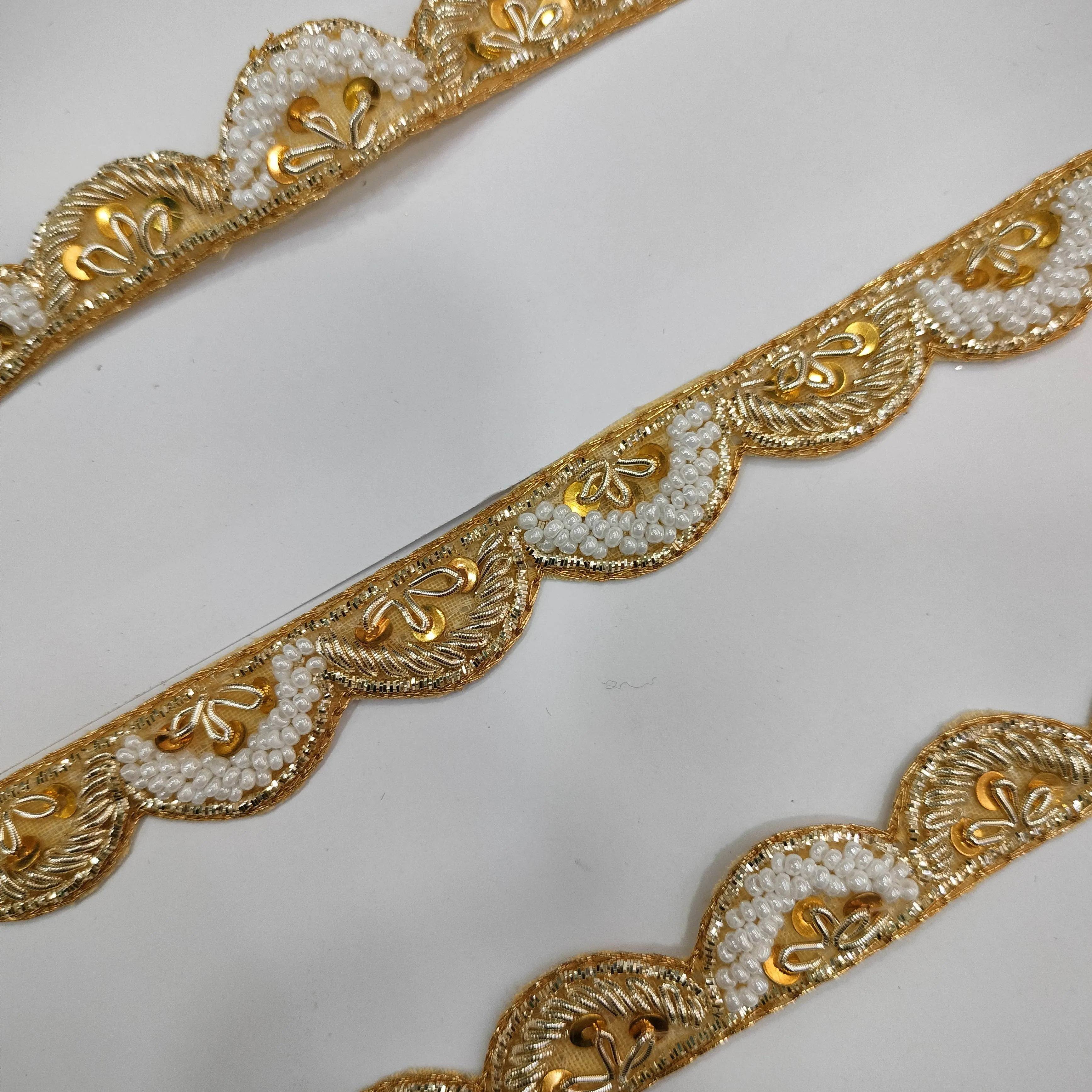 Golden and White Embellished Handwork Trim (Wholesale)