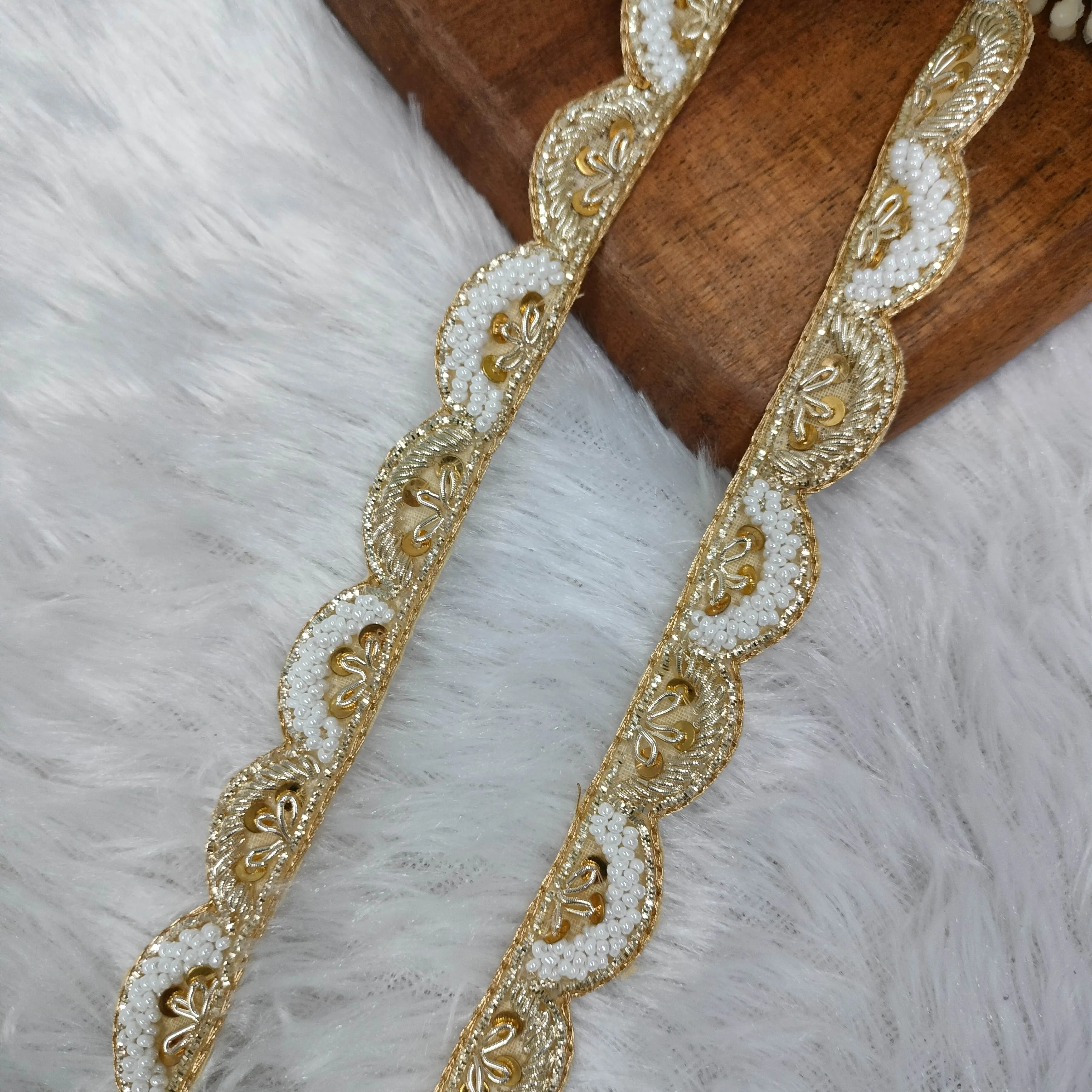 Golden and White Embellished Handwork Trim (Wholesale)