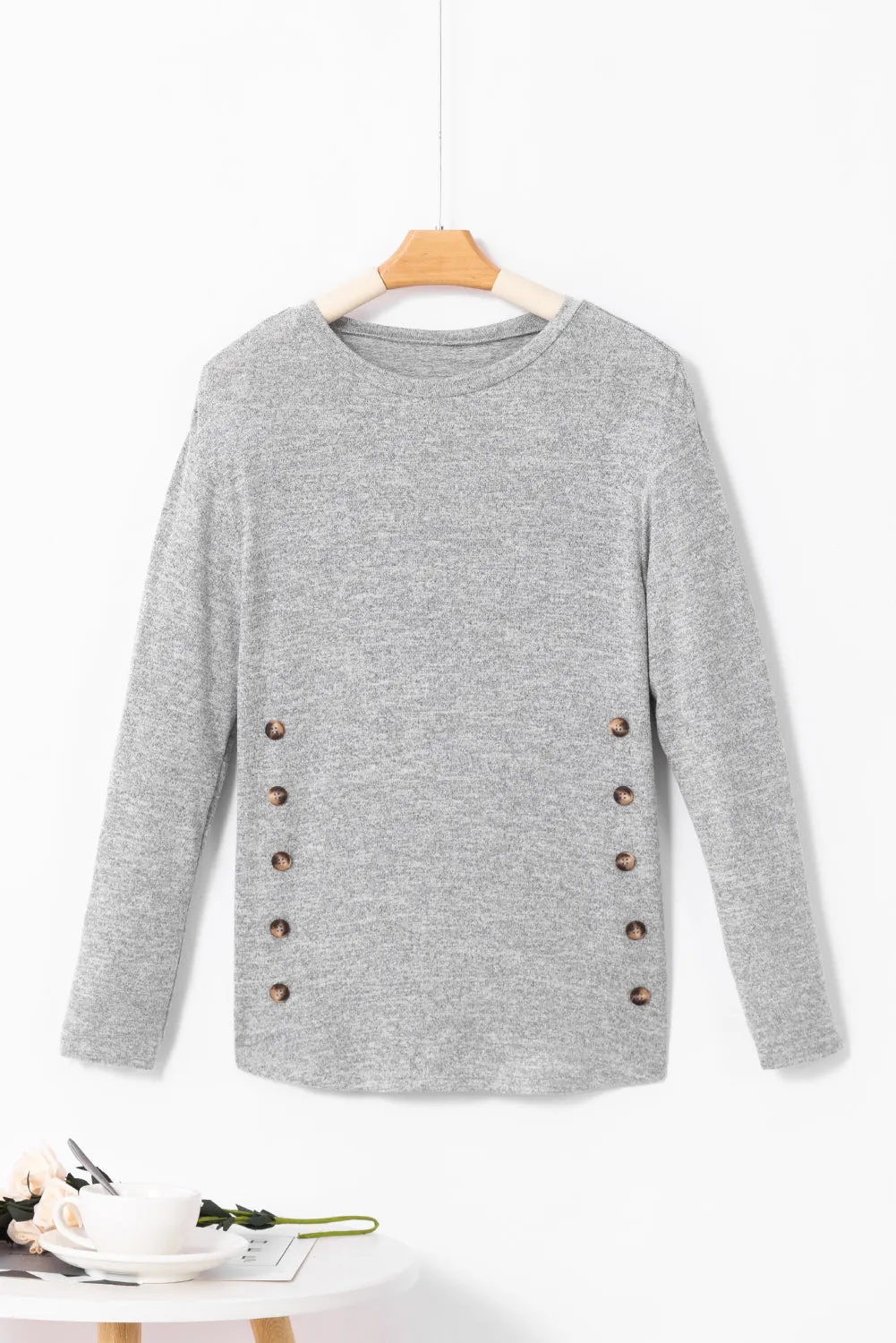 Gray Side Buttons Crew Neck Knit Top