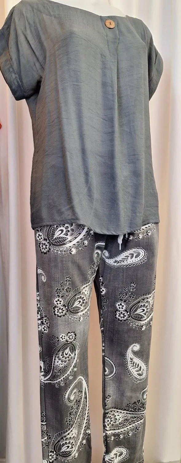 Italian Stretch Pants - Paisley, Charcoal