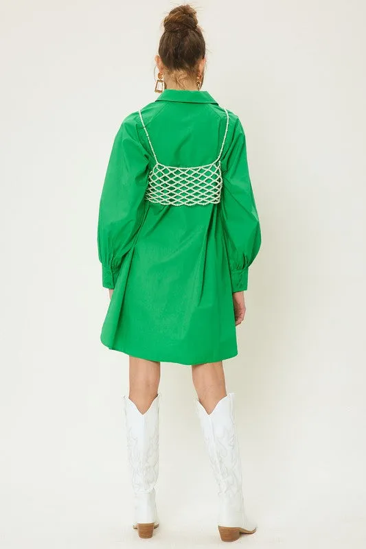 Kelly Green Colorful Poplin Shirt Mini Dress