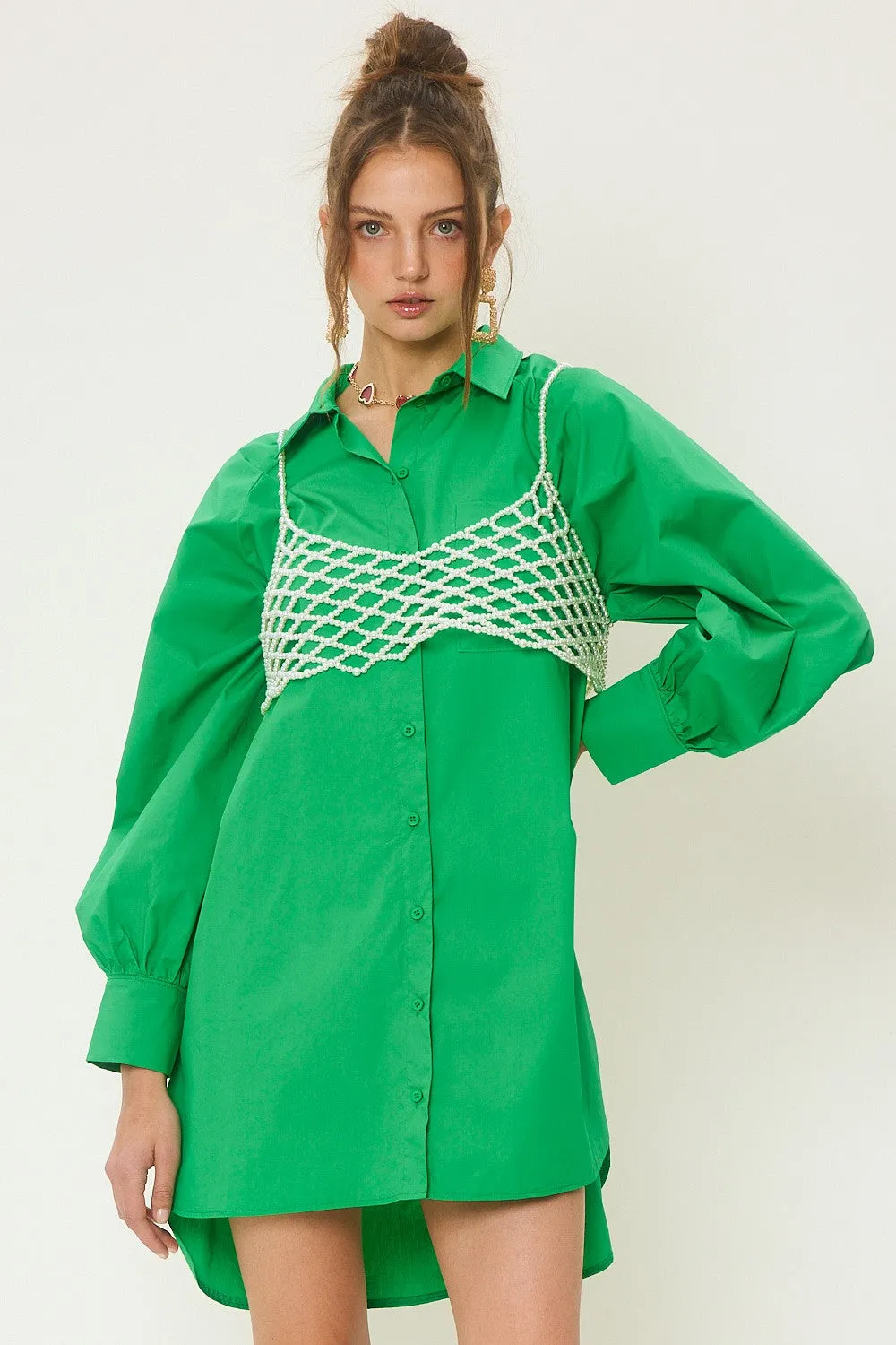 Kelly Green Colorful Poplin Shirt Mini Dress