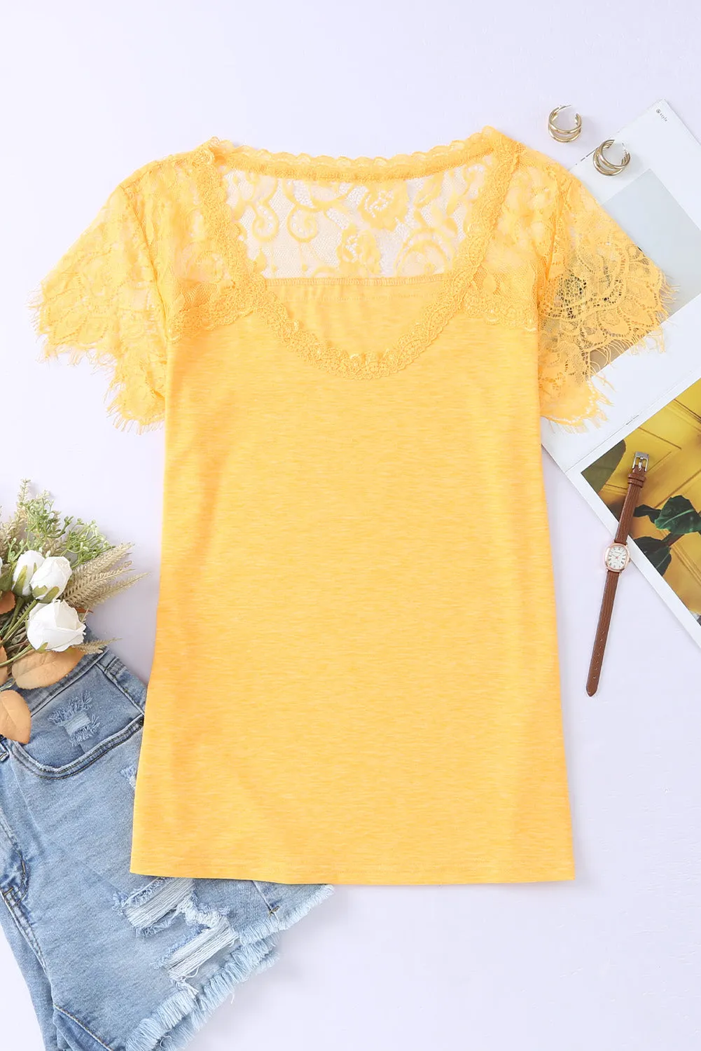 Lace Crochet U Neck T Shirt