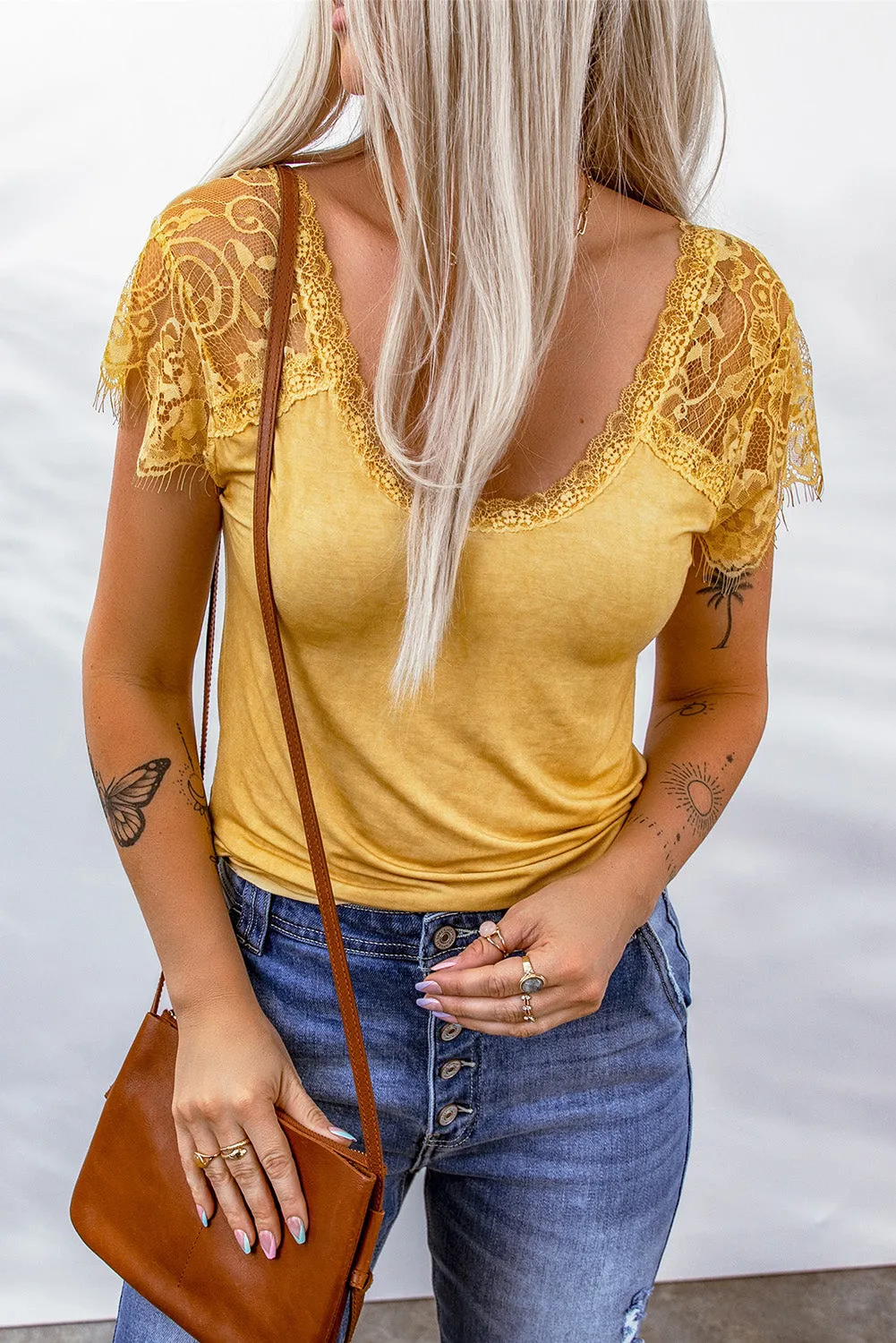 Lace Crochet U Neck T Shirt