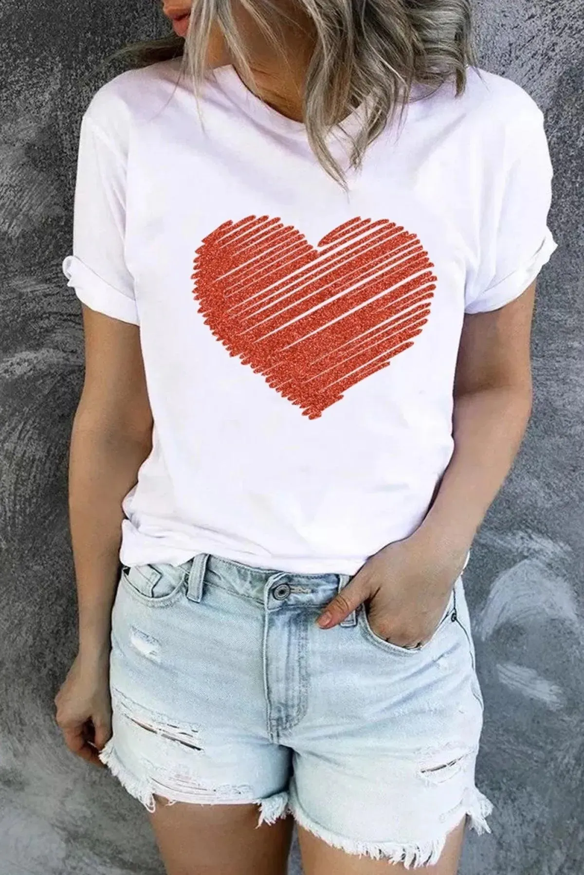 Ladies White T-Shirt with Red Glitter Heart