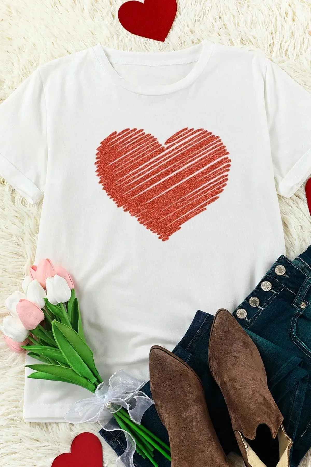 Ladies White T-Shirt with Red Glitter Heart