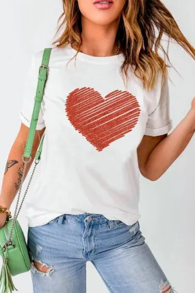 Ladies White T-Shirt with Red Glitter Heart