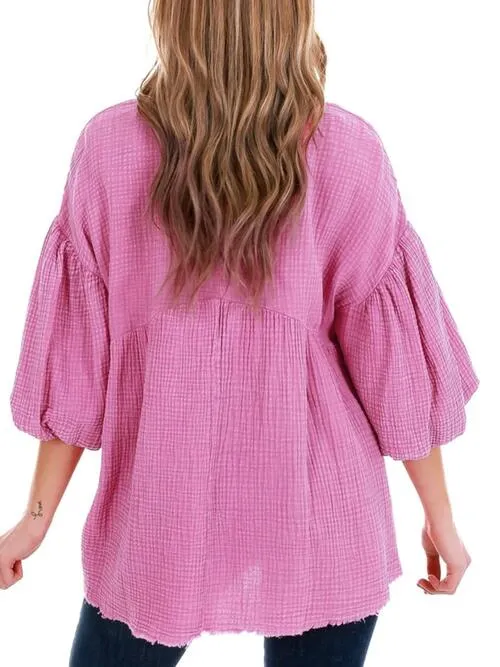 Lantern Sleeve Round Neck Blouse