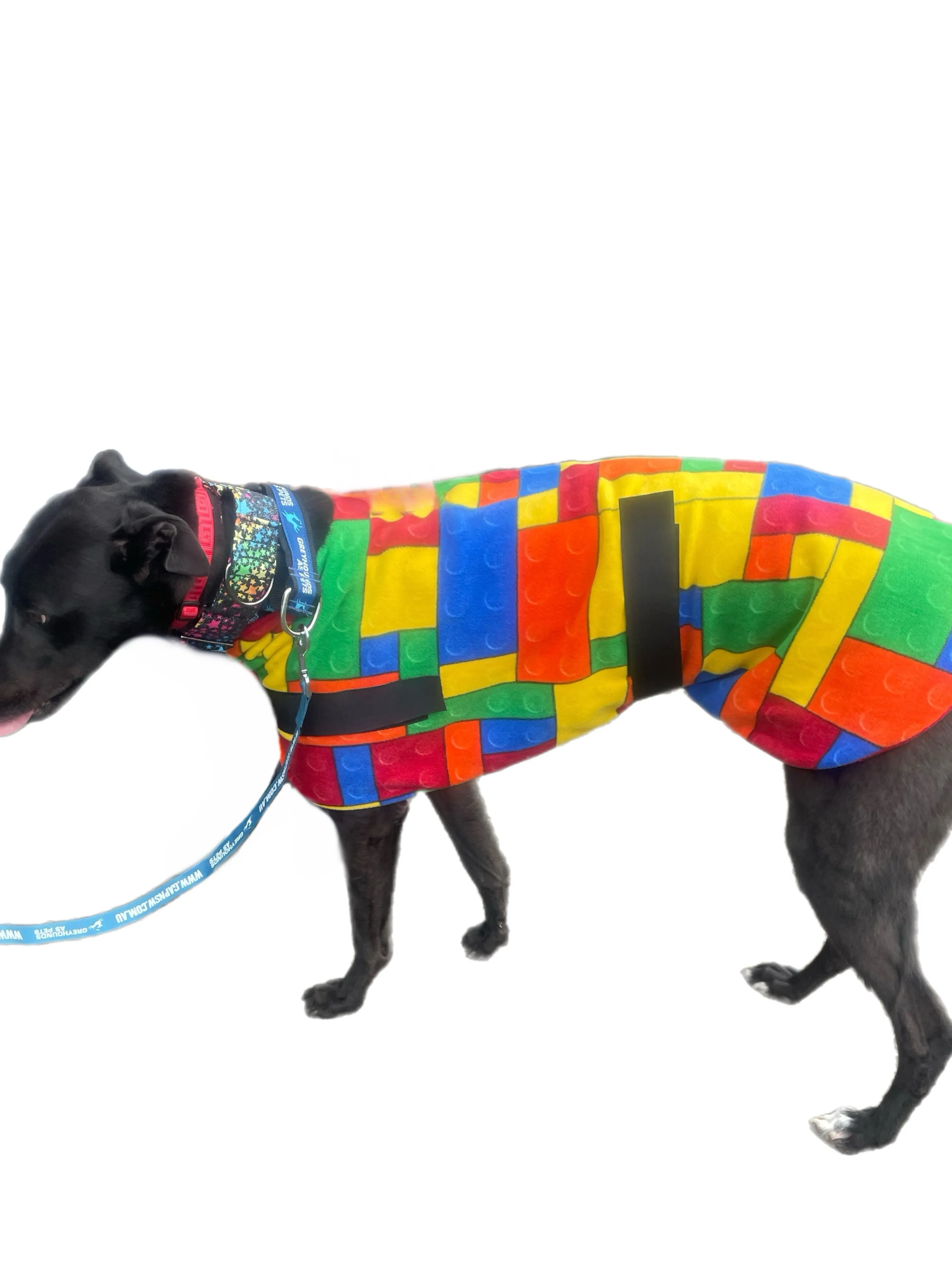 Lego inspired bright Greyhound classic coat rug snuggly polar fleece washable