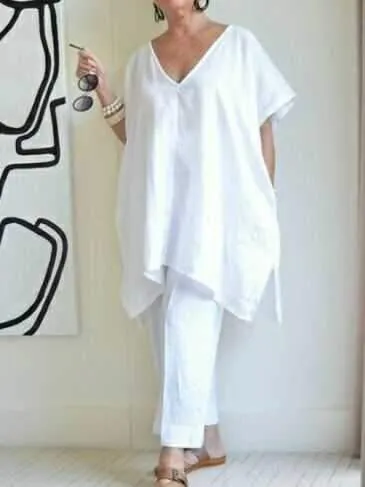 Loose V-neck Solid Color Large Size Bat Sleeve Cotton And Linen Tops Blouse