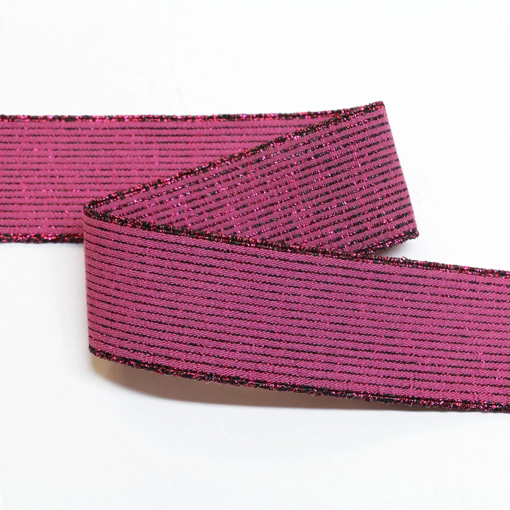 Metallic Fancy Elastic (40mm/ 1 1/2") - Striped Fuschia/Black Metallic