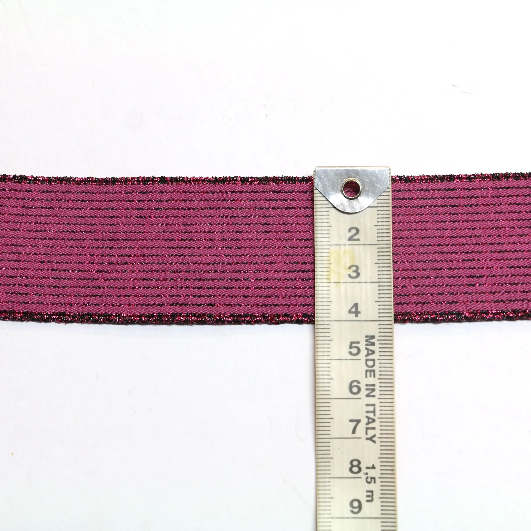 Metallic Fancy Elastic (40mm/ 1 1/2") - Striped Fuschia/Black Metallic