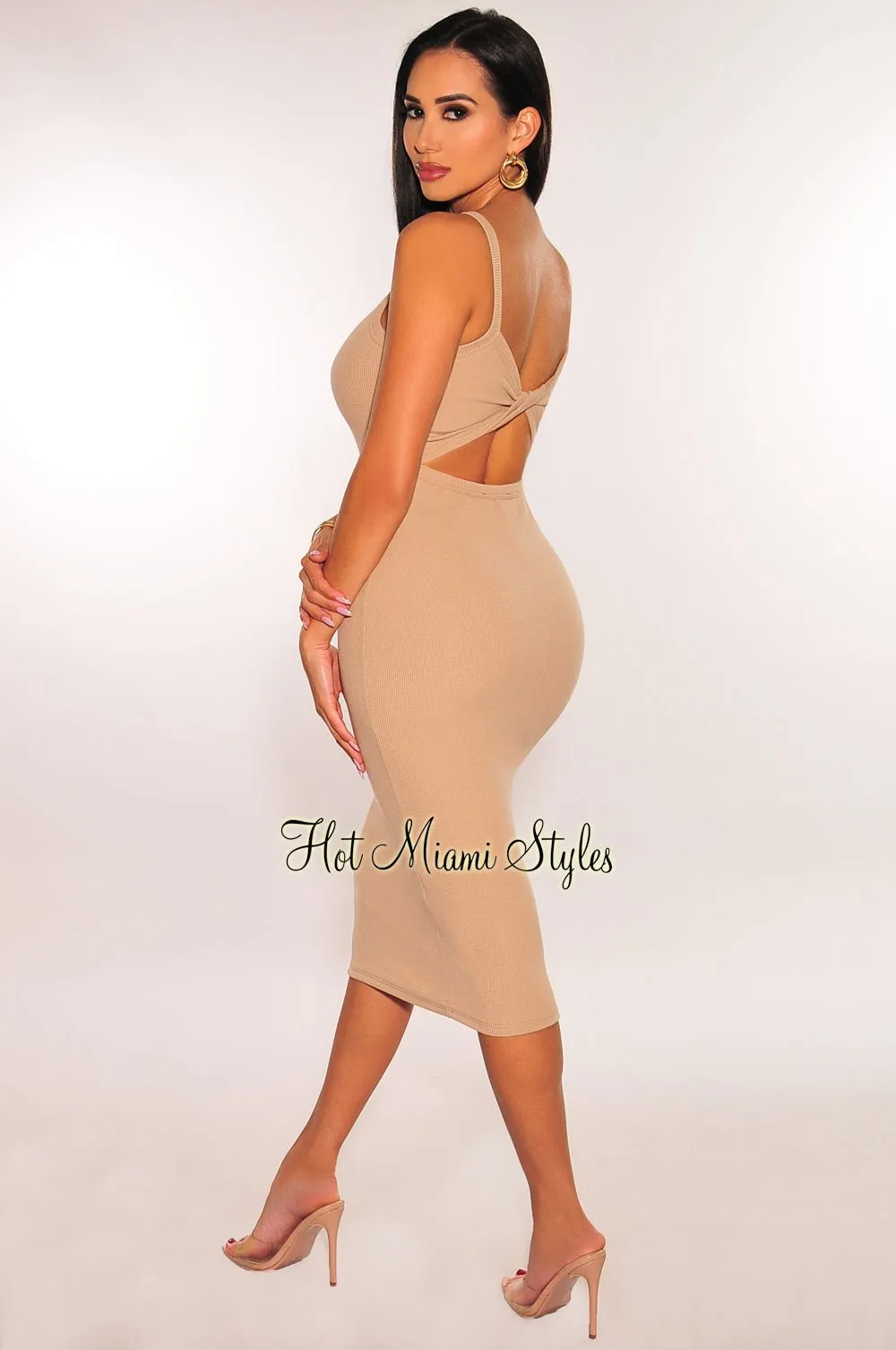 Mocha Ribbed Knit Racerback Cut Out Bodycon Dress