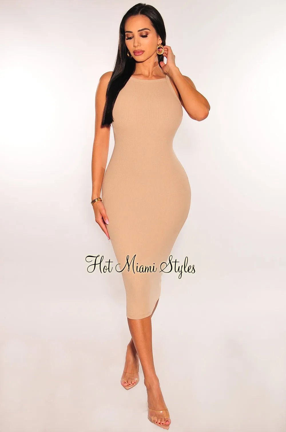 Mocha Ribbed Knit Racerback Cut Out Bodycon Dress