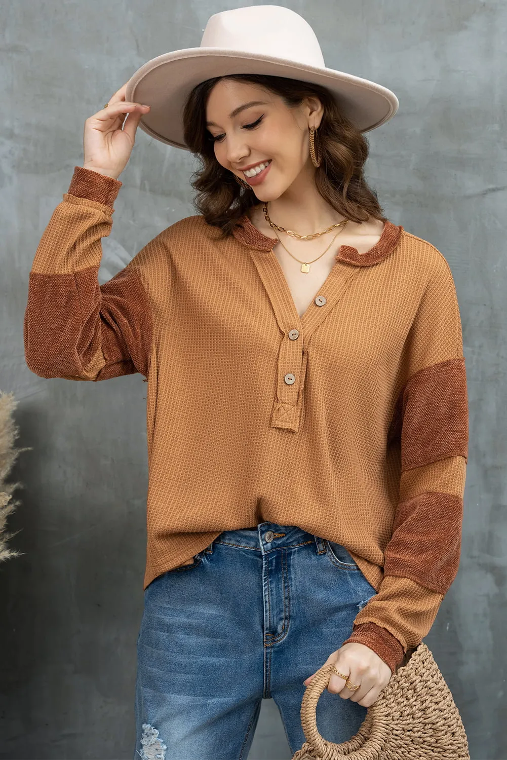 Notched Neck Waffle-Knit Blouse