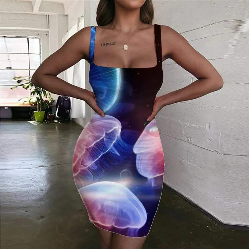 Ocean Dresses Women Jellyfish 3d Print Fluorescence Sundress Colorful Ladies Dresses