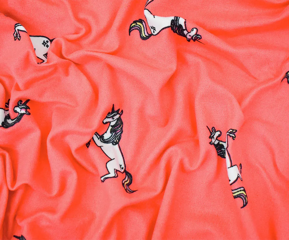 Orange-Multi Unicorn Printed Poly Spandex Super Double Brush ITY Fabric