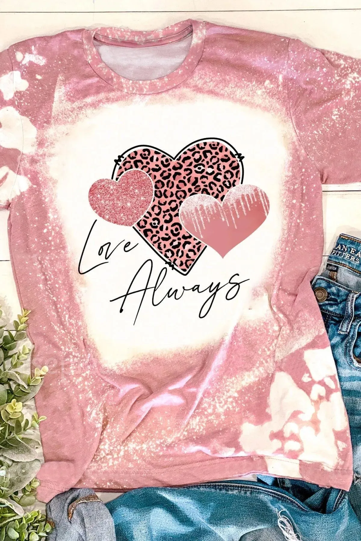 Pink Love Always Heart Leopard Bleached Print Graphic T-Shirt