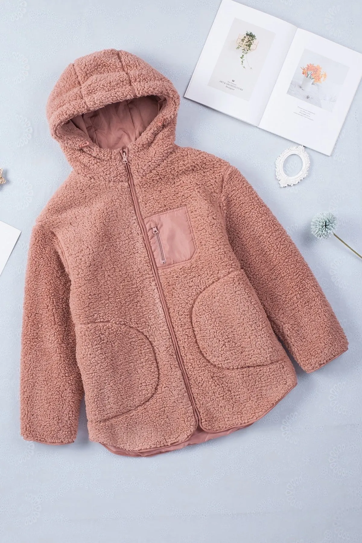 Pink Sherpa Zip Hooded Teddy Jacket