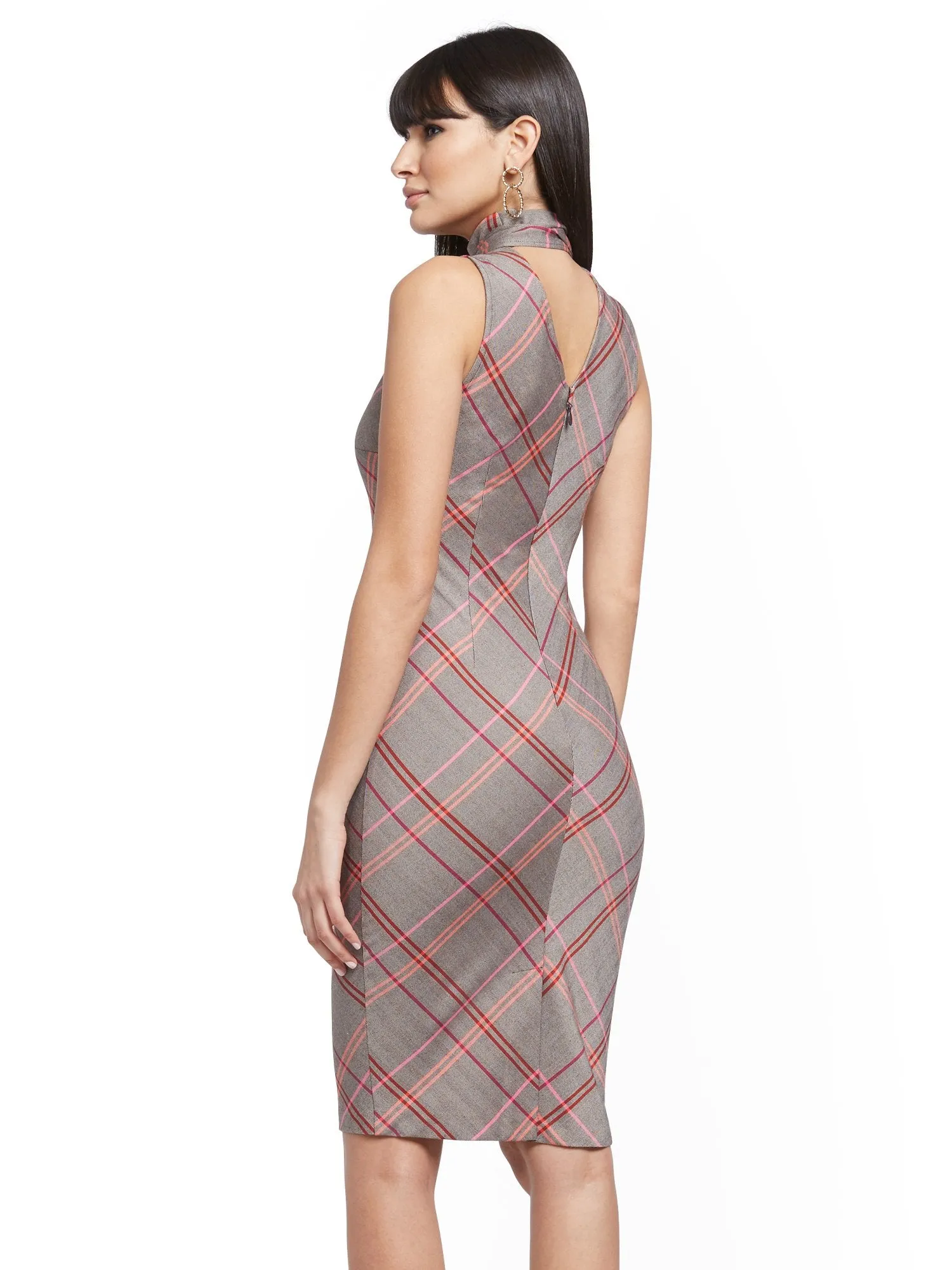 Plaid Scarf-Accent Sheath Dress