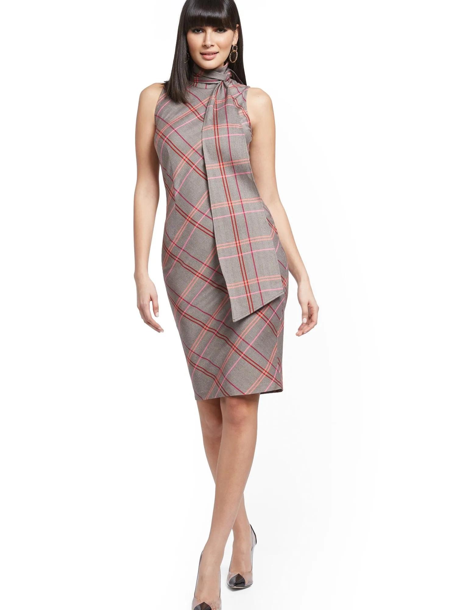 Plaid Scarf-Accent Sheath Dress