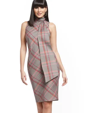 Plaid Scarf-Accent Sheath Dress