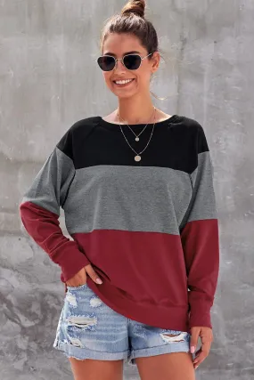 Red Gray Raglan Sleeve Color Block Pullover Sweatshirt