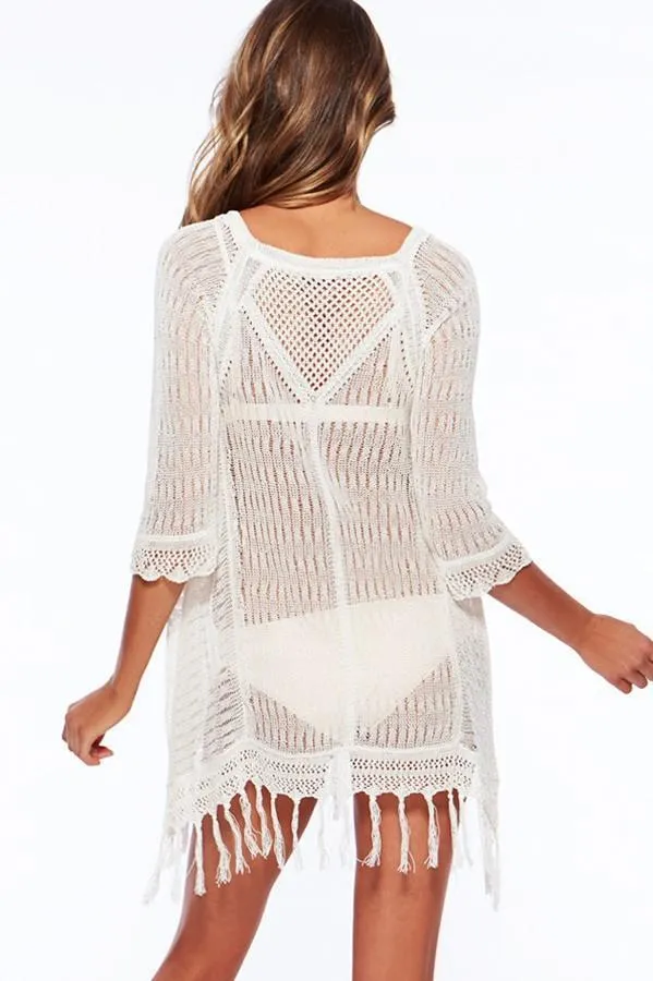 Round Neck Knit Tassel Swimwear Beach Tops Bikini Cover Up